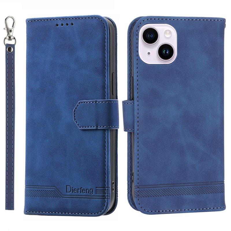 DIERFENG DF-03 Plånboksfodral i Konstläder för iPhone 15 - Blå