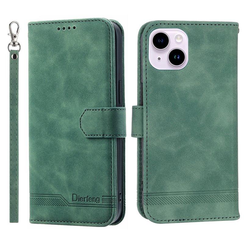DIERFENG DF-03 Plånboksfodral i Konstläder för iPhone 15 - Grön