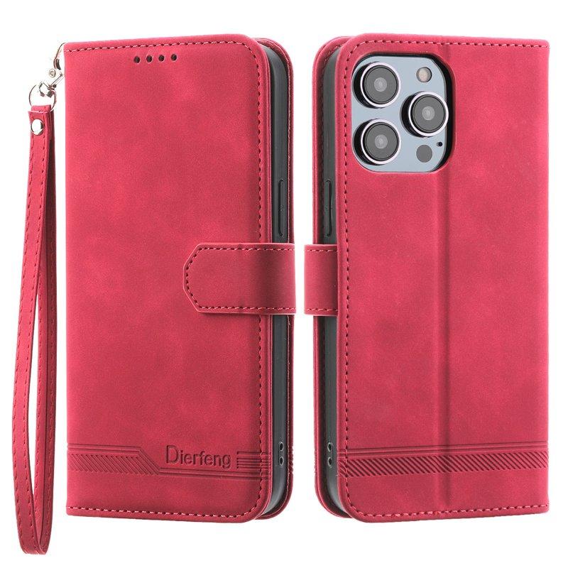 DIERFENG DF-03 iPhone 14 Pro Max Plånboksfodral Konstläder - Röd