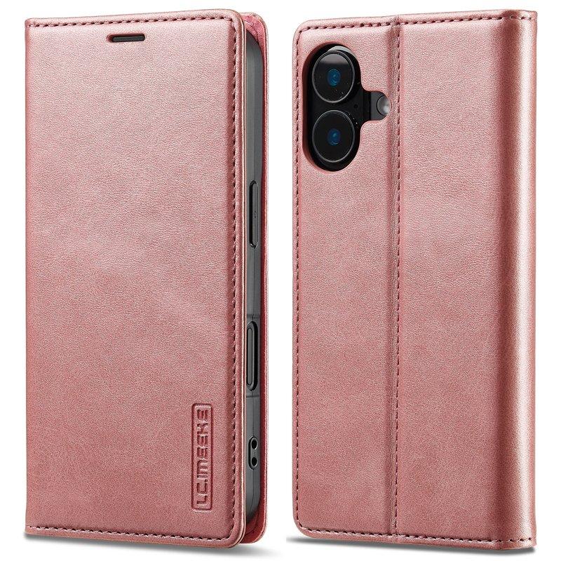 LC.IMEEKE iPhone 16 Plus Plånboksfodral Konstläder- Roséguld