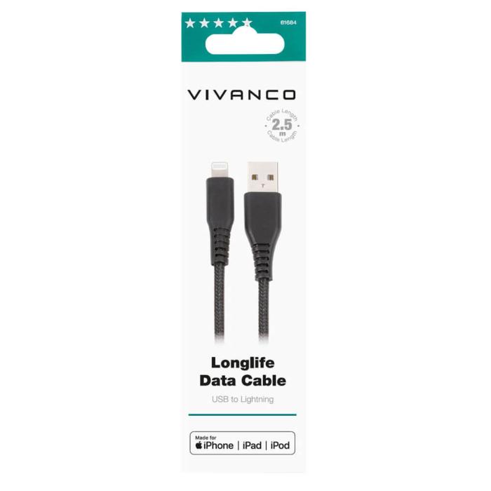 Vivanco - Vivanco Longlife Lightning kabel MFI 2.5m Svart
