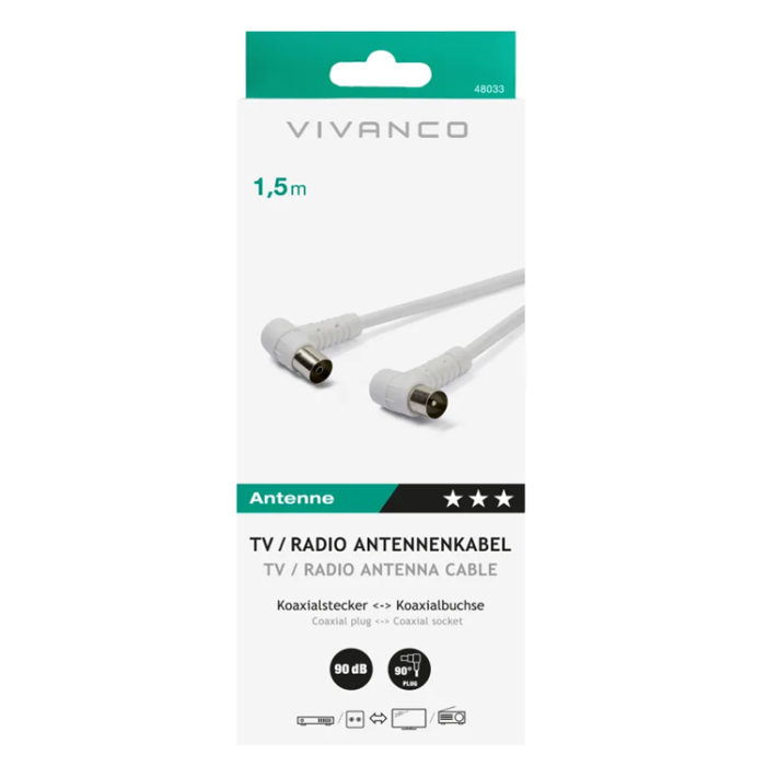 Vivanco - Vivanco Antennkabel, 90 dB, 90° Vinklad, 1,5m Vit