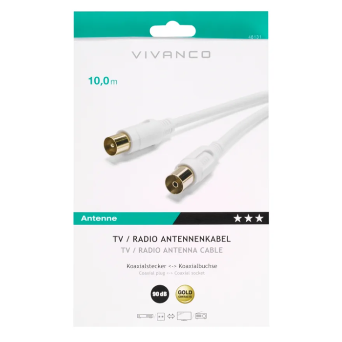 Vivanco - Vivanco Antennkabel, 90 dB, Dubbelskärmad, 10m Guld