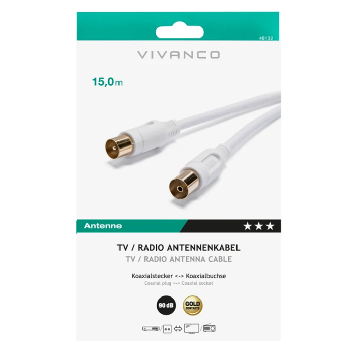 Vivanco - Vivanco Antennkabel, 90 dB, Dubbelskärmad, 15m Guld