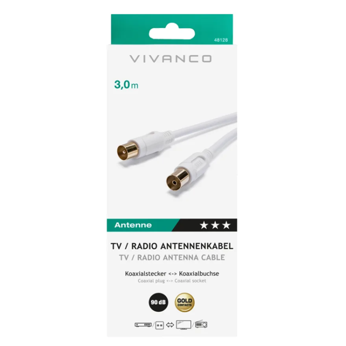 Vivanco - Vivanco Antennkabel, 90 dB, Dubbelskärmad, 3m Guld