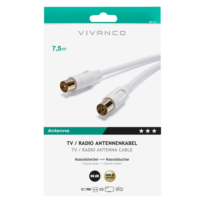 Vivanco - Vivanco Antennkabel, 90 dB, Dubbelskärmad, 7,5m Guld