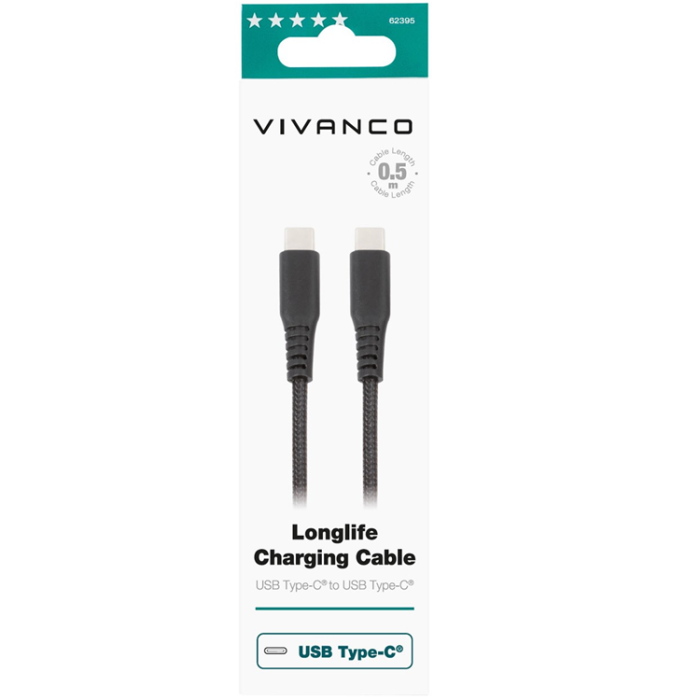 Vivanco - Vivanco Longlife USB-C/C 2.0 kabel 0.5m Svart