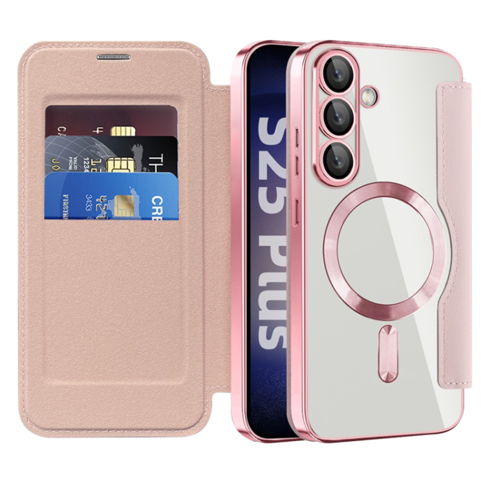 A-One Brand - Galaxy S25 Plus Plånboksfodral MagSafe Rhombus Läder - Rosa