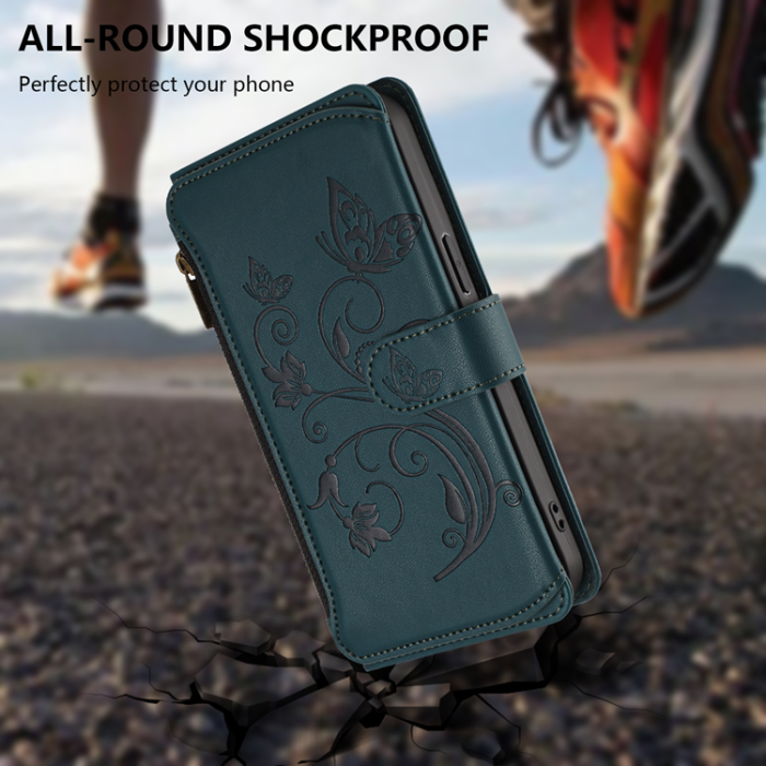 A-One Brand - iPhone 17 Pro Plånboksfodral Butterfly Floral Imprint - Grön