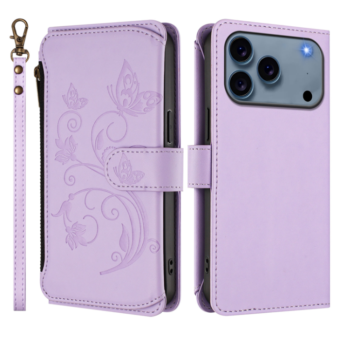 A-One Brand - iPhone 17 Pro Plånboksfodral Butterfly Floral Imprint - Ljuslila
