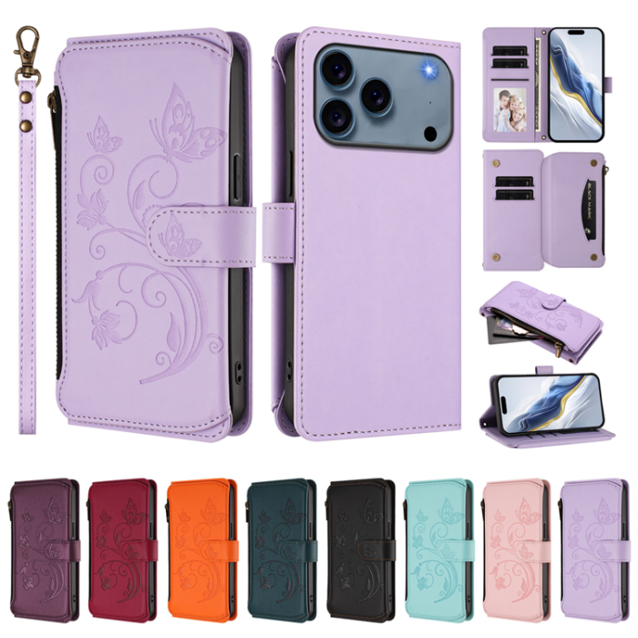 A-One Brand - iPhone 17 Pro Plånboksfodral Butterfly Floral Imprint - Ljuslila