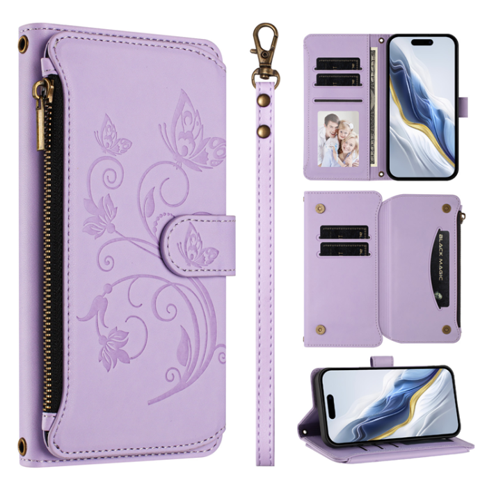 A-One Brand - iPhone 17 Pro Plånboksfodral Butterfly Floral Imprint - Ljuslila