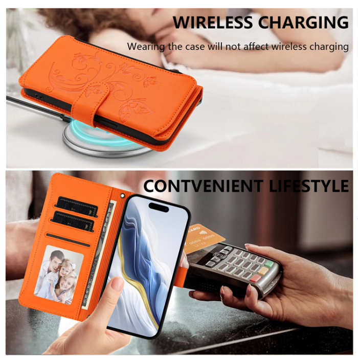 A-One Brand - iPhone 17 Pro Plånboksfodral Butterfly Floral Imprint - Orange