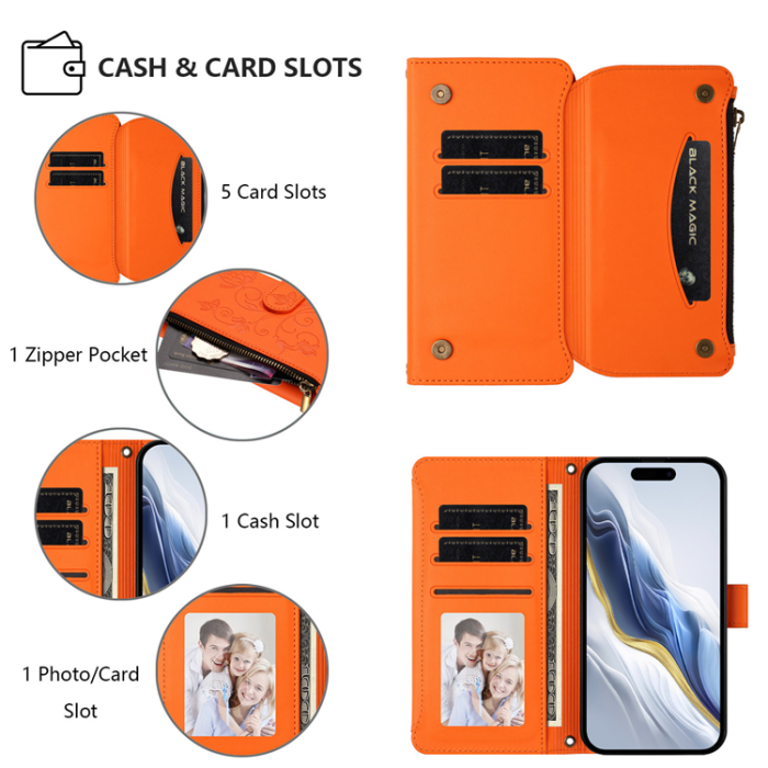 A-One Brand - iPhone 17 Pro Plånboksfodral Butterfly Floral Imprint - Orange