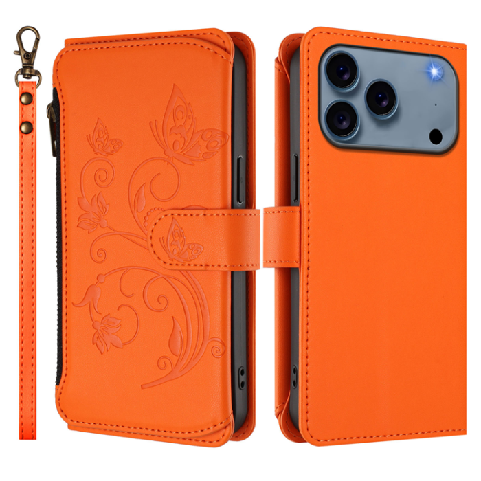 A-One Brand - iPhone 17 Pro Plånboksfodral Butterfly Floral Imprint - Orange