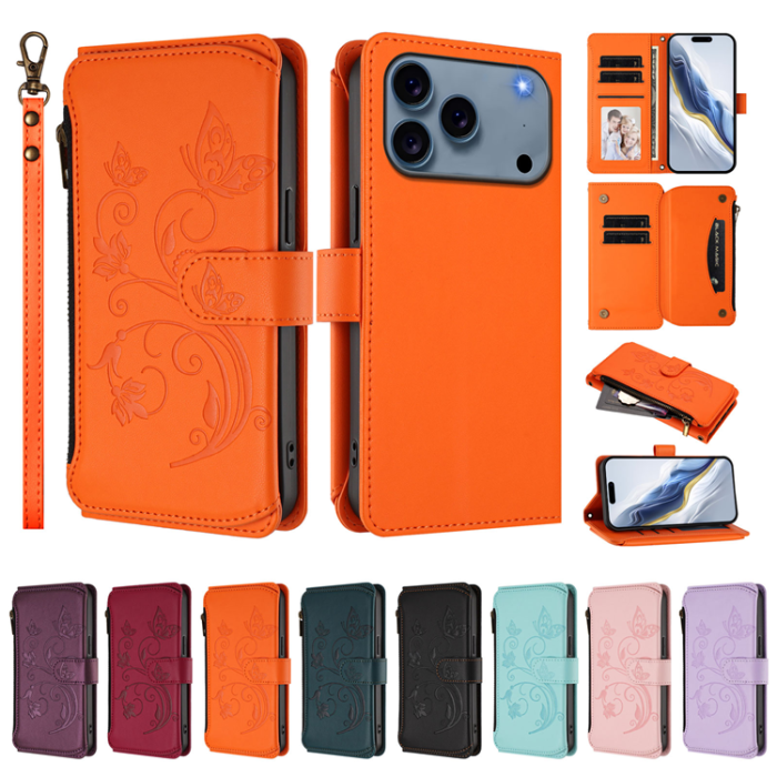 A-One Brand - iPhone 17 Pro Plånboksfodral Butterfly Floral Imprint - Orange