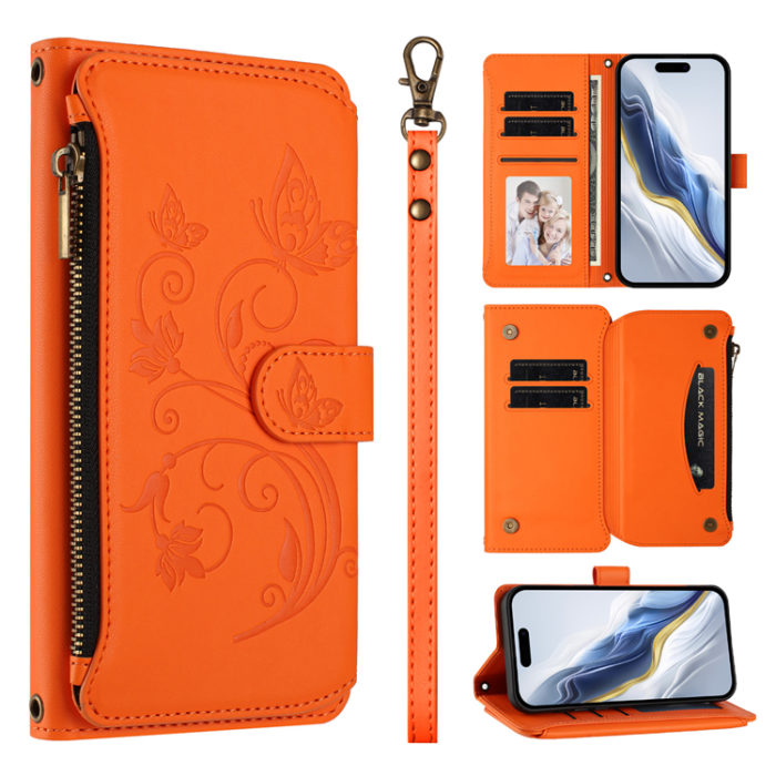 A-One Brand - iPhone 17 Pro Plånboksfodral Butterfly Floral Imprint - Orange