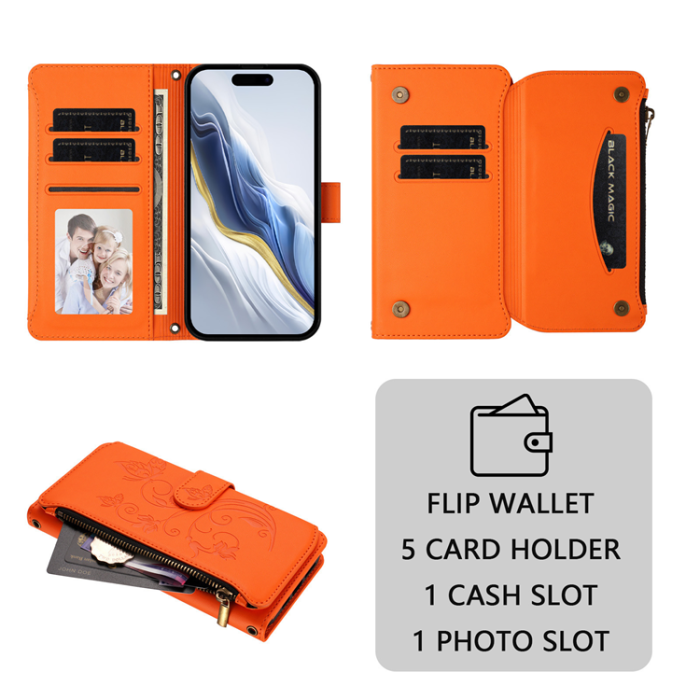 A-One Brand - iPhone 17 Pro Plånboksfodral Butterfly Floral Imprint - Orange