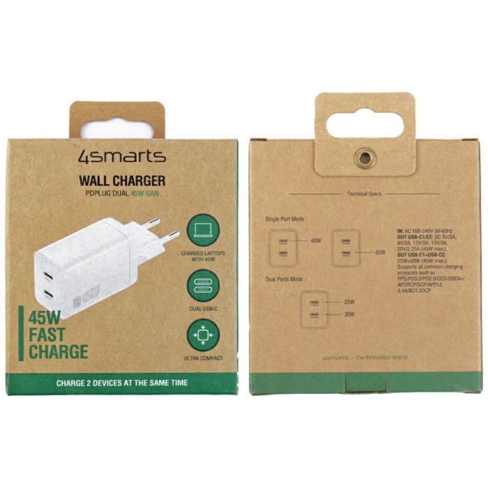 4smarts - 4smarts Väggladdare PDPlug Dual 45W GaN 2xUSB-C – Vit