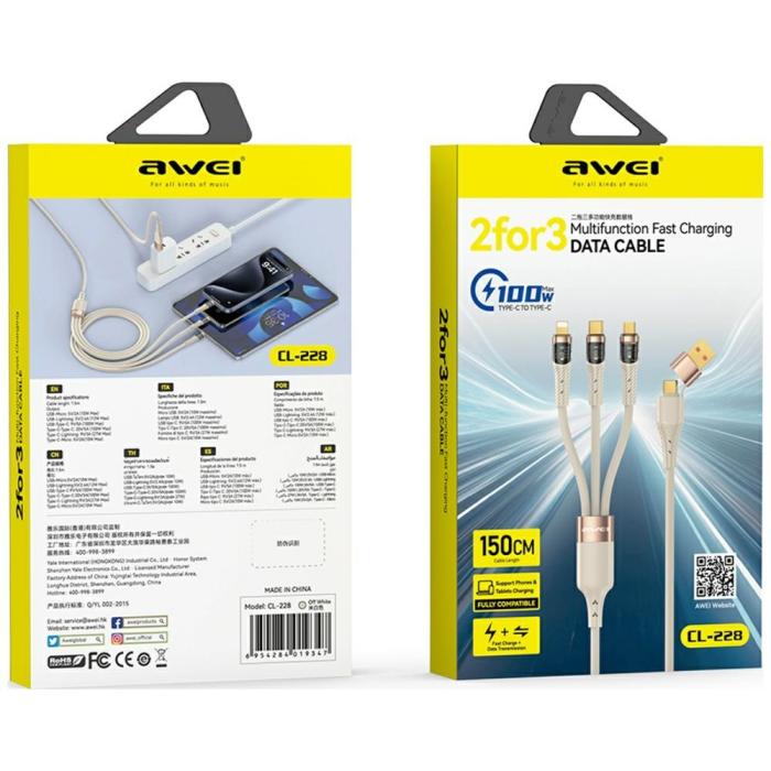 Awei - AWEI CL-228 Kabel 3-i-2 USB-C/Lightning/MicroUSB – Svart