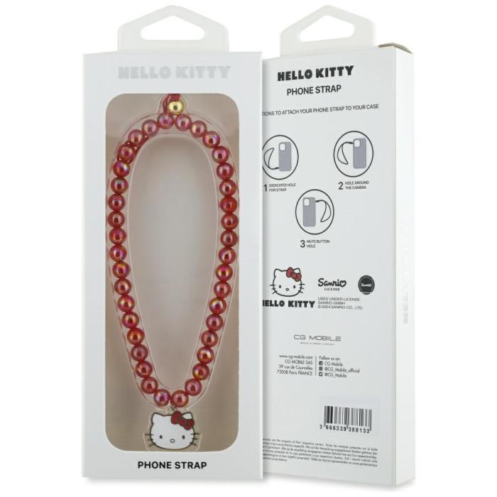Hello Kitty - Hello Kitty Mobilrem Pearls Kitty Head Charm – Röd