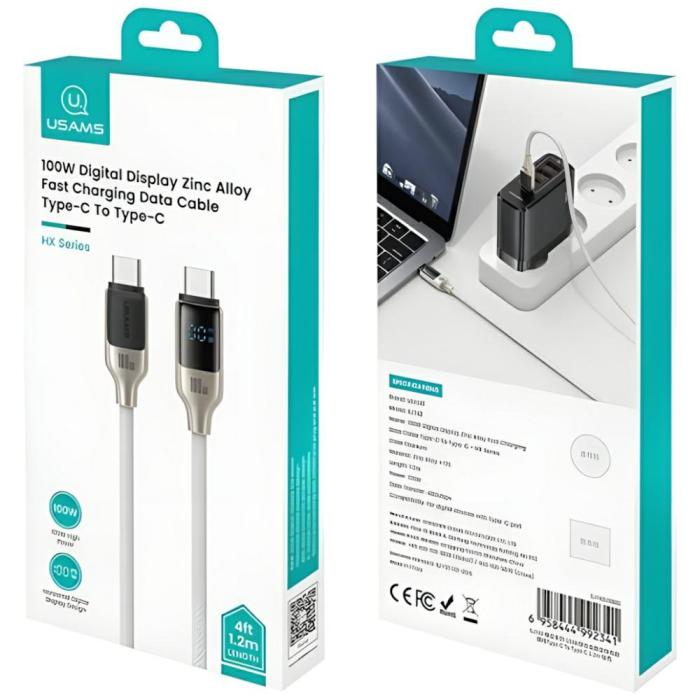 USAMS - USAMS HX Series USB-C/USB-C Kabel 100W 1,2 m Digital Display – Svart