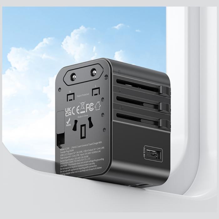 USAMS - USAMS Reseladdare Adapter CC308 2xUSB-C 17W 4-i-1 US/AU/EU/UK – Svart