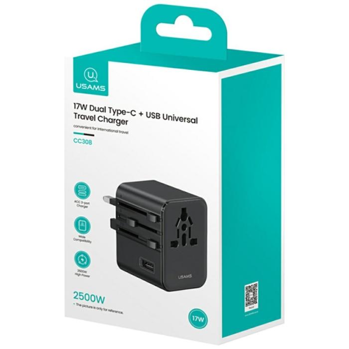 USAMS - USAMS Reseladdare Adapter CC308 2xUSB-C 17W 4-i-1 US/AU/EU/UK – Svart