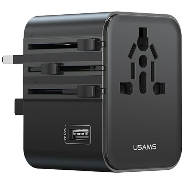USAMS - USAMS Reseladdare Adapter CC308 2xUSB-C 17W 4-i-1 US/AU/EU/UK – Svart