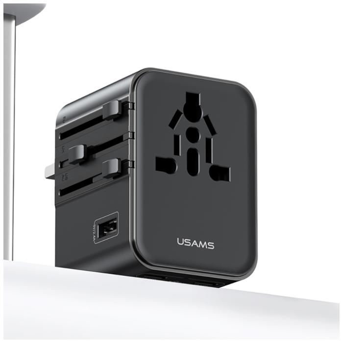 USAMS - USAMS Reseladdare Adapter CC308 2xUSB-C 17W 4-i-1 US/AU/EU/UK – Svart