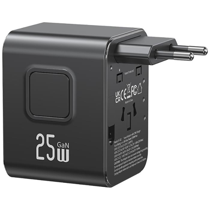 USAMS - USAMS Reseladdare Adapter CC309 2xUSB-C 25W 4-i-1 US/AU/EU/UK – Svart