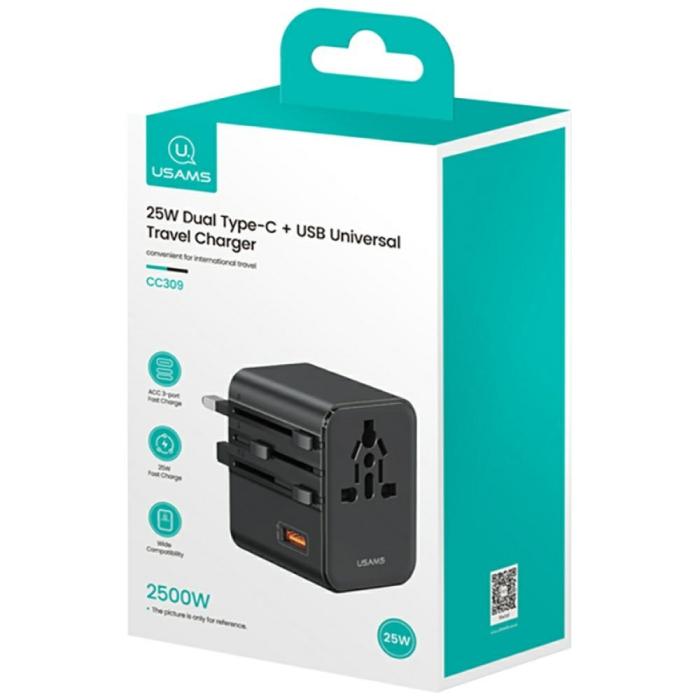 USAMS - USAMS Reseladdare Adapter CC309 2xUSB-C 25W 4-i-1 US/AU/EU/UK – Svart