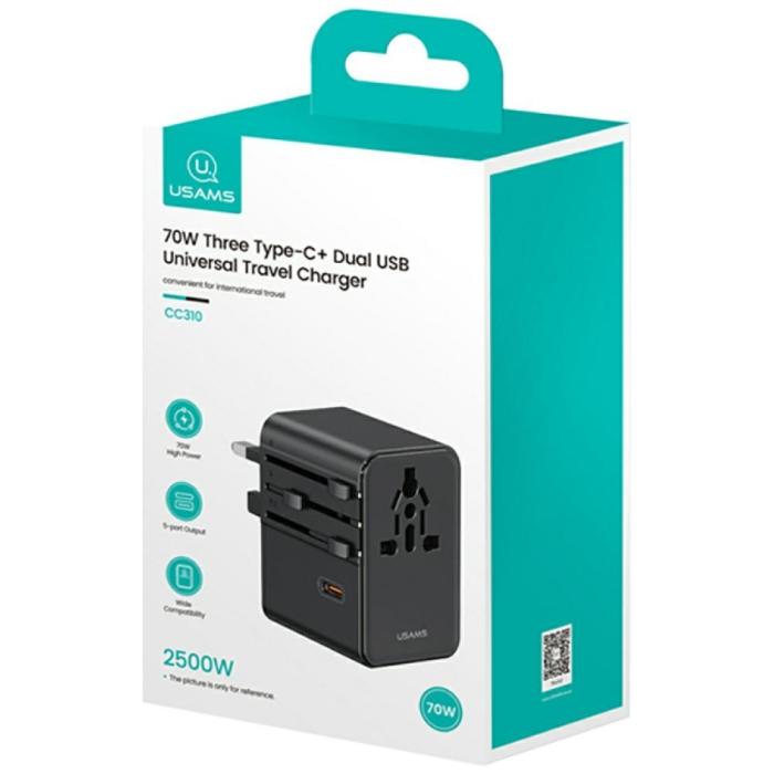 USAMS - USAMS Reseladdare Adapter CC310 3xUSB-C 70W 4-i-1 US/AU/EU/UK – Svart