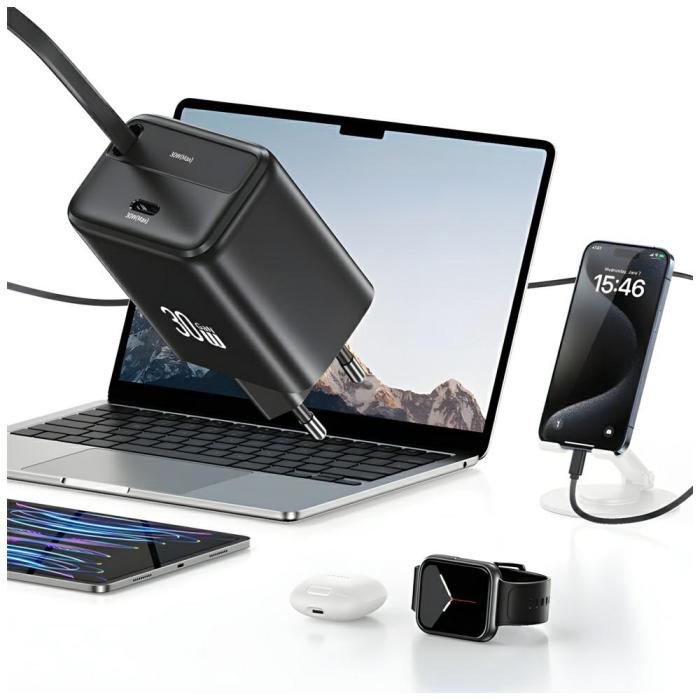 USAMS - USAMS Väggladdare 1xUSB-C m utdragbar kabel PD+QC 30W GaN - Svart