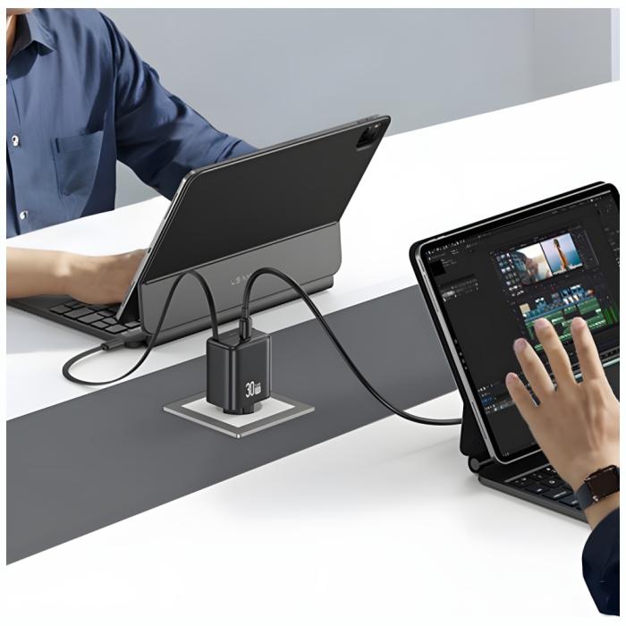 USAMS - USAMS Väggladdare 1xUSB-C m utdragbar kabel PD+QC 30W GaN - Svart