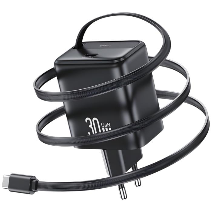 USAMS - USAMS Väggladdare 1xUSB-C m utdragbar kabel PD+QC 30W GaN - Svart
