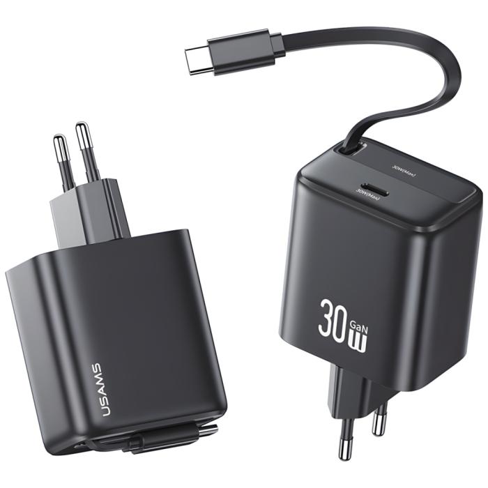 USAMS - USAMS Väggladdare 1xUSB-C m utdragbar kabel PD+QC 30W GaN - Svart