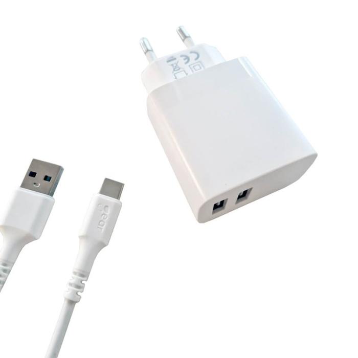 GEAR - GEAR Laddare 220V 2xUSB 3.4A Vit USB-C 2.0 Kabel 1m