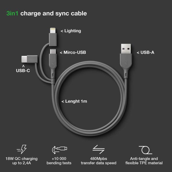 GP - GP Kabel USB-A Till USB-C 3-I-1 Micro-USB + Lightning CY1N 1m