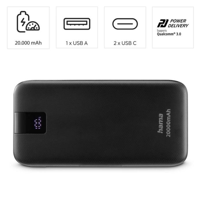 Hama - HAMA Powerbank PD 20000mAh 2xUSB-C+1xUSB-A Antracit