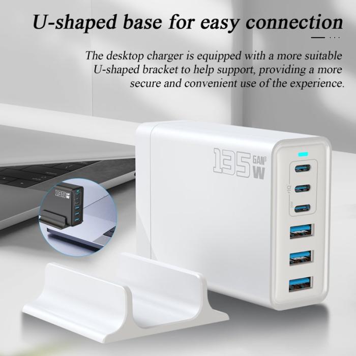 OEM - 135W GaN Skrivbordsladdare 3C+3A 6-portars 65W Typ-C Laddstation - Vit