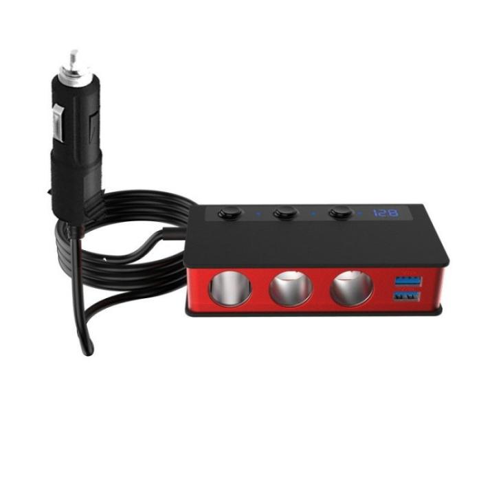 OEM - 180W Billaddare 3 Cigarette Lighter Uttag 4 USB QC3.0 Snabbladdare - Svart/Röd
