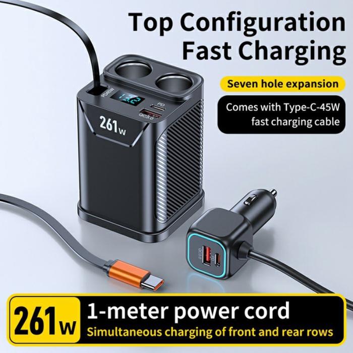 OEM - 261W Billaddare Dubbel Cigarette Tändaruttag för 7 Enheter PD Snabbladdning