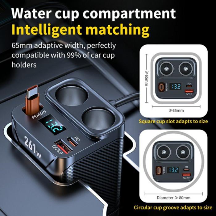 OEM - 261W Billaddare Dubbel Cigarette Tändaruttag för 7 Enheter PD Snabbladdning