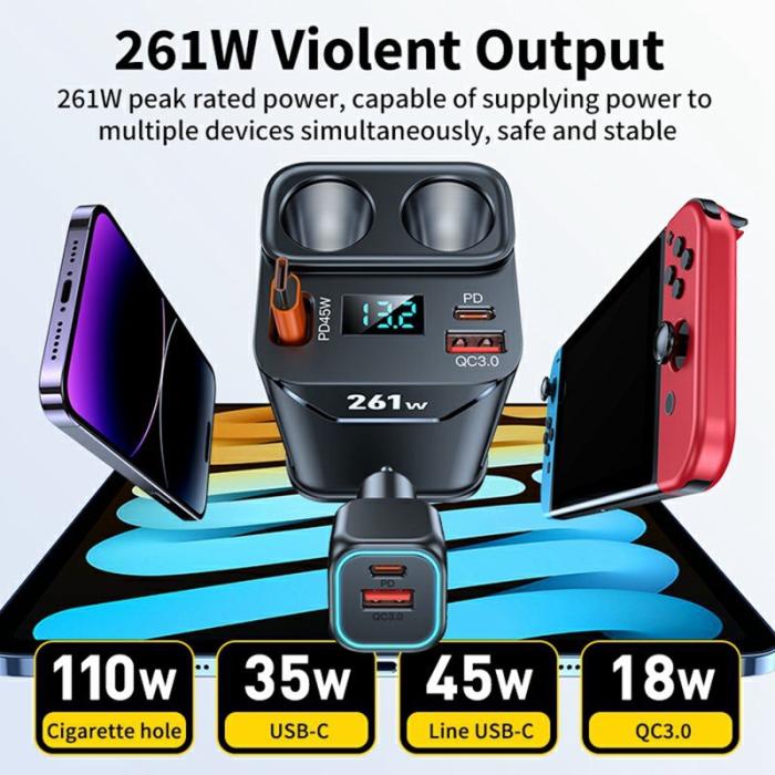 OEM - 261W Billaddare Dubbel Cigarette Tändaruttag för 7 Enheter PD Snabbladdning