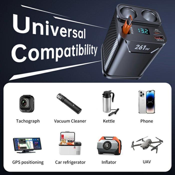 OEM - 261W Billaddare Dubbel Cigarette Tändaruttag för 7 Enheter PD Snabbladdning