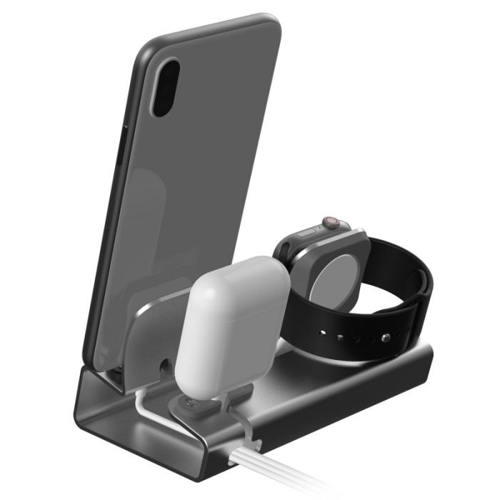 OEM - 3-i-1 Aluminium Dockningsstation för Apple Watch, Airpods och Telefon - Grå