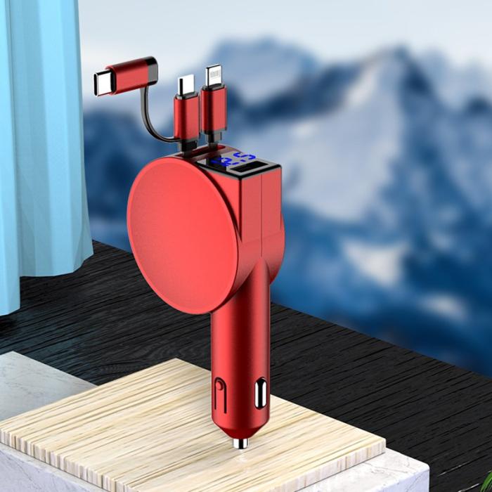 OEM - 3-i-1 Utdragbar Billaddare 12-24V Snabbladdning Tändaradapter - Röd
