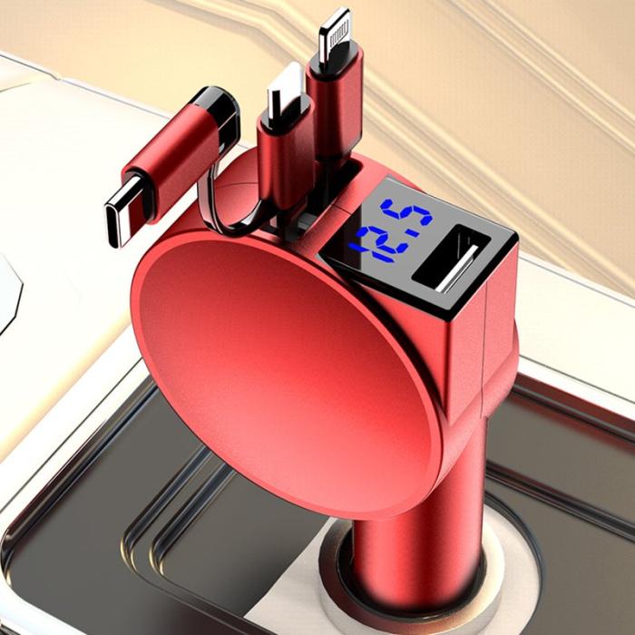 OEM - 3-i-1 Utdragbar Billaddare 12-24V Snabbladdning Tändaradapter - Röd
