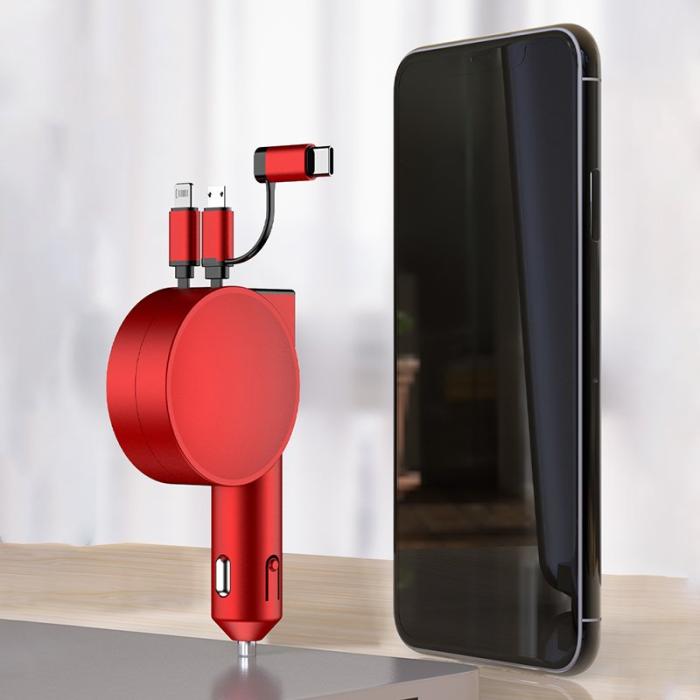 OEM - 3-i-1 Utdragbar Billaddare 12-24V Snabbladdning Tändaradapter - Röd